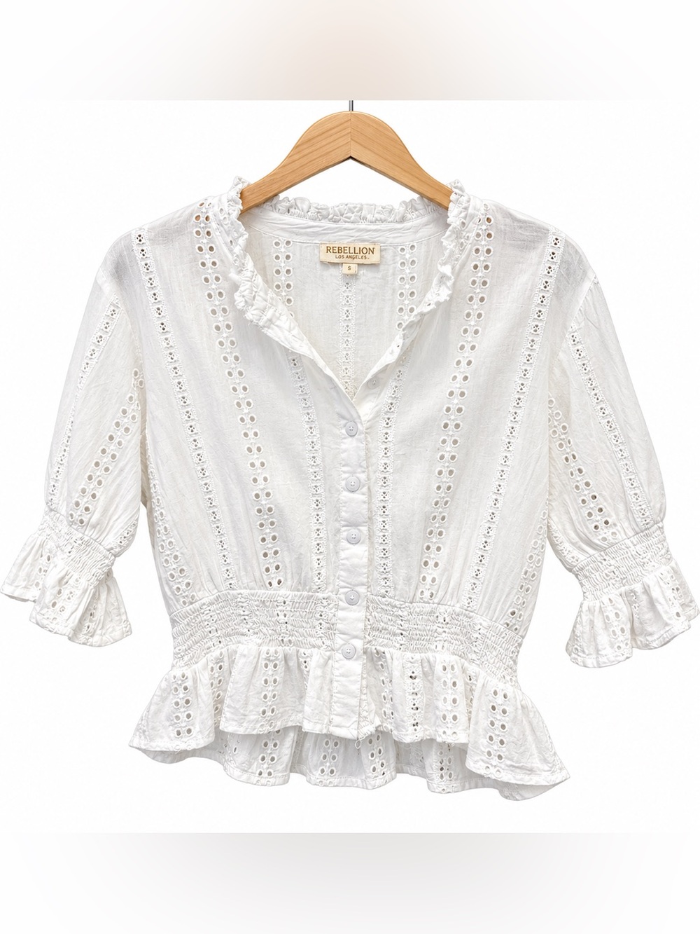 Rebellion White Eyelet Peplum Button-Down Blouse